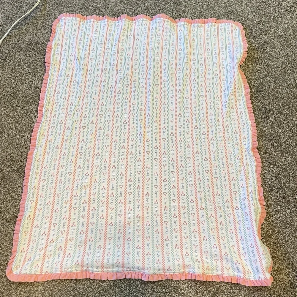 Vtg Gymboree Checkered Flowers Hearts Baby Blanket Floral Blue White Pink Ruffle